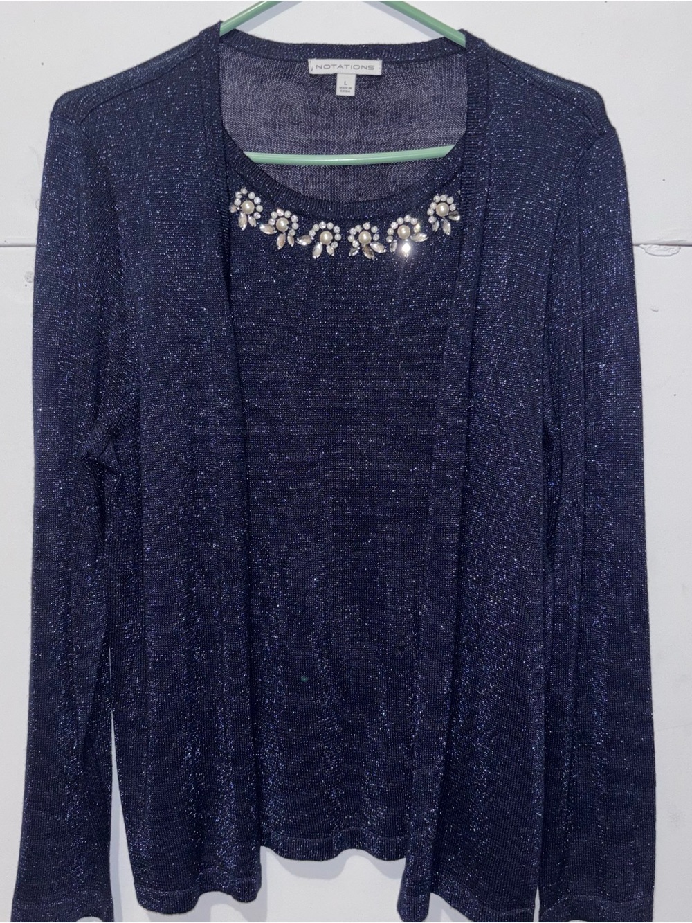 Notations Navy Jeweled Neck Sparkle Cardigan Set